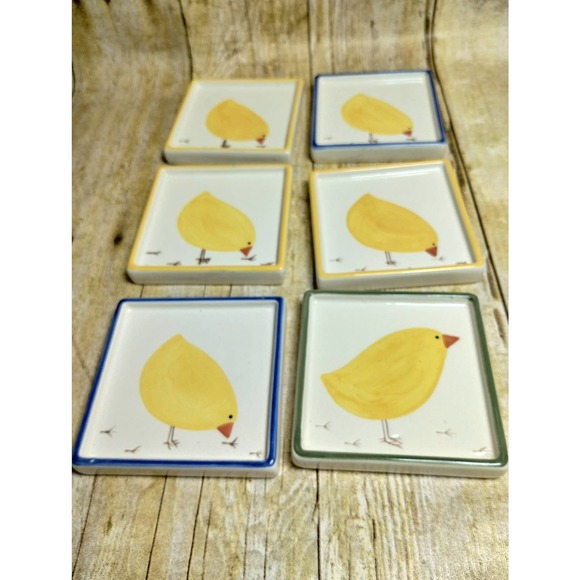Vtg Tender Heart Chick Coasters Ceramic Chickens Set of 6 Squares (4) - Picture 3 of 5
